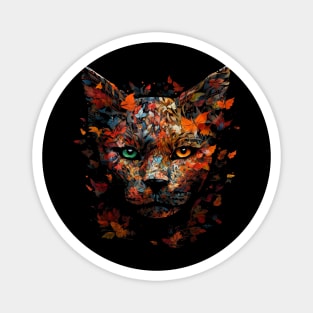 Cat Autumn Leaves Art - Colourful Eyes Cat Motif Magnet